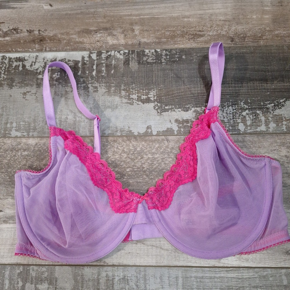 Victoria's Secret 36DDD Tease Bra Unlined Purple Pink Sheer Underwire Lace Demi